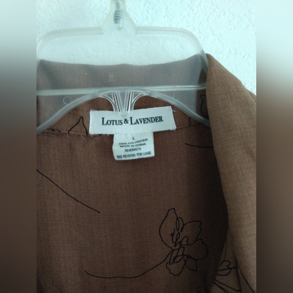 Lotus & Lavender Blouse Shirt Brown Black Floral Flowers Print Short Sleeve L - Picture 4 of 6